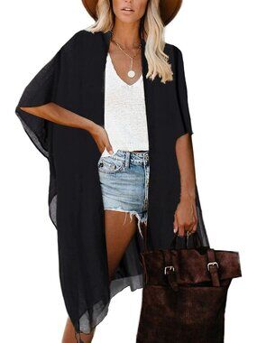 Women Solid BlacK Viscose Summer Bikini Kimono Bathing Suit And Swimwear CoverUp